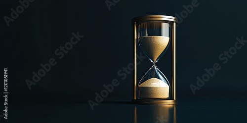 Elegant hourglass with golden frame placed on a dark surface against a deep black backdrop symbolizing the relationship between time and money