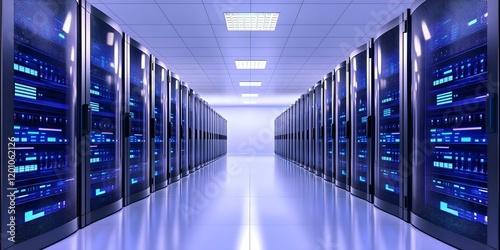 A modern data center with rows of server racks illuminated by blue lights, showcasing a clean and high-tech environment. Concept Modern Data Center, Server Racks, Blue Lighting
