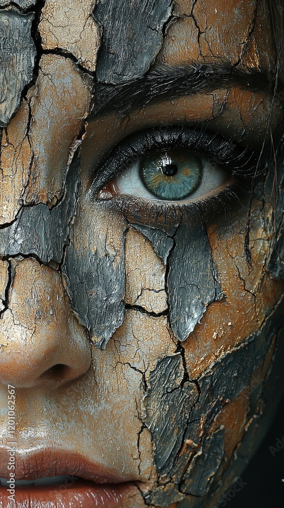 Cracked earth face paint makeup with a captivating green eye. Ideal for Halloween, photoshoots, or theatrical performances. Cracked earth face paint makeup with a captivating green eye. Ideal for Halloween, photoshoots, or theatrical performances.