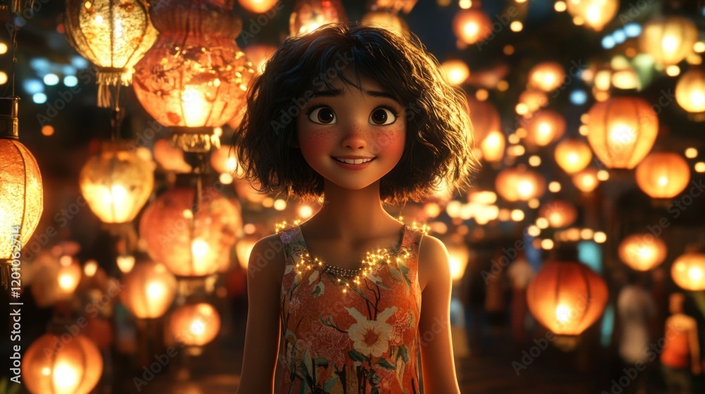 Animated Girl Amidst Glowing Lanterns at Night Animated Girl Amidst Glowing Lanterns at Night