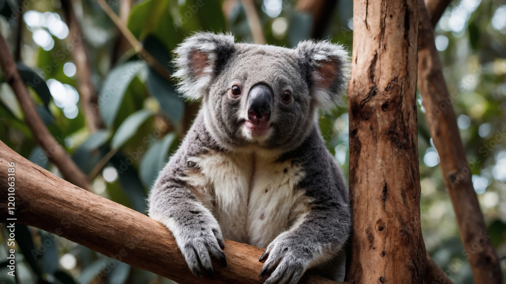 Fototapeta premium Adorable koala perched on a tree branch, looking directly at the camera. A captivating wildlife portrait.