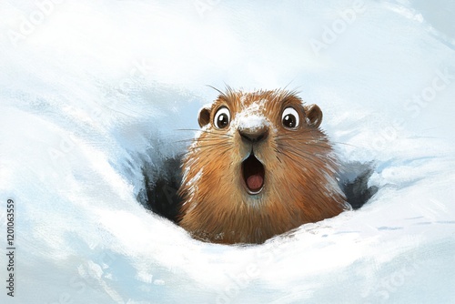 Surprised groundhog illustration emerging from snow. photo