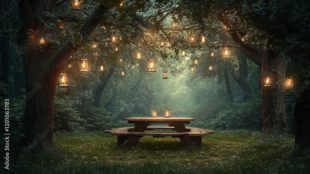 A tranquil forest clearing with a wooden picnic table and lanterns hanging from branches A tranquil forest clearing with a wooden picnic table and lanterns hanging from branches