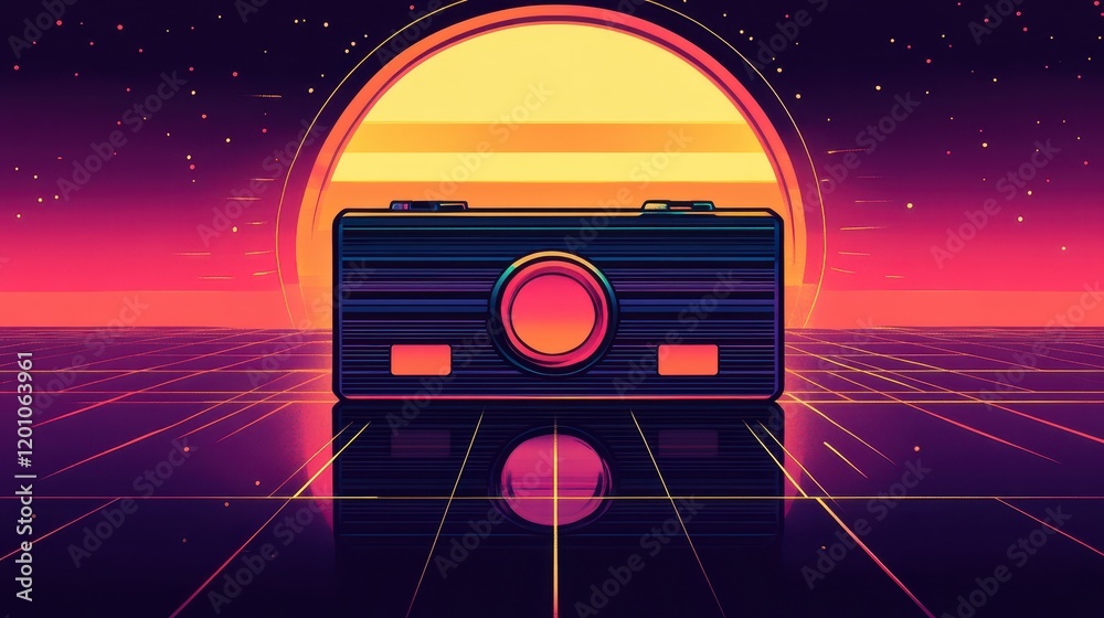 Naklejka premium Retro Camera Sunset Synthwave Digital Art