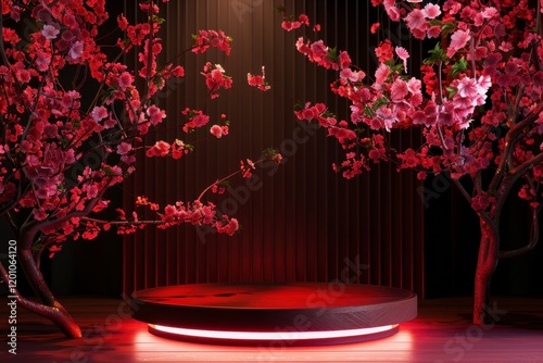 Vibrant Cherry Blossom Stage with Red Lighting and Floral Decor