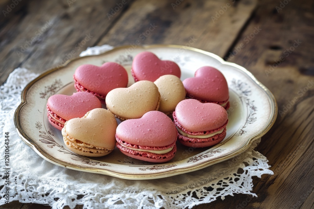 A beautiful assortment of heart-shaped macarons in pink and beige is delicately arranged on a vintage plate adorned with lace. This delightful presentation is perfect for special occasions A beautiful assortment of heart-shaped macarons in pink and beige is delicately arranged on a vintage plate adorned with lace. This delightful presentation is perfect for special occasions