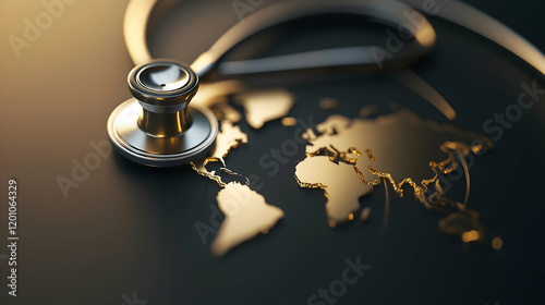A stethoscope rests on a golden map, symbolizing global health and the interconnectedness of medical care across countries.