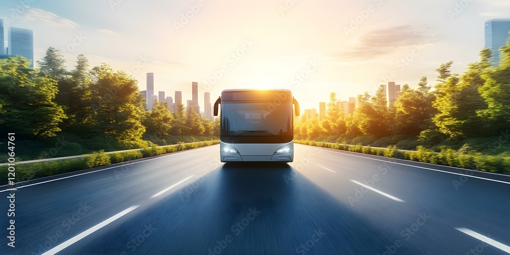 A bus is driving along a road with a city skyline in the background, illuminated by a sunrise or sunset. Concept City Skyline, Sunrise/Sunset, Bus Journey, Urban Landscape, Scenic View