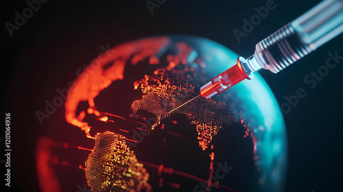 A syringe injects a glowing substance into a digital globe, symbolizing global health and vaccination efforts against diseases.