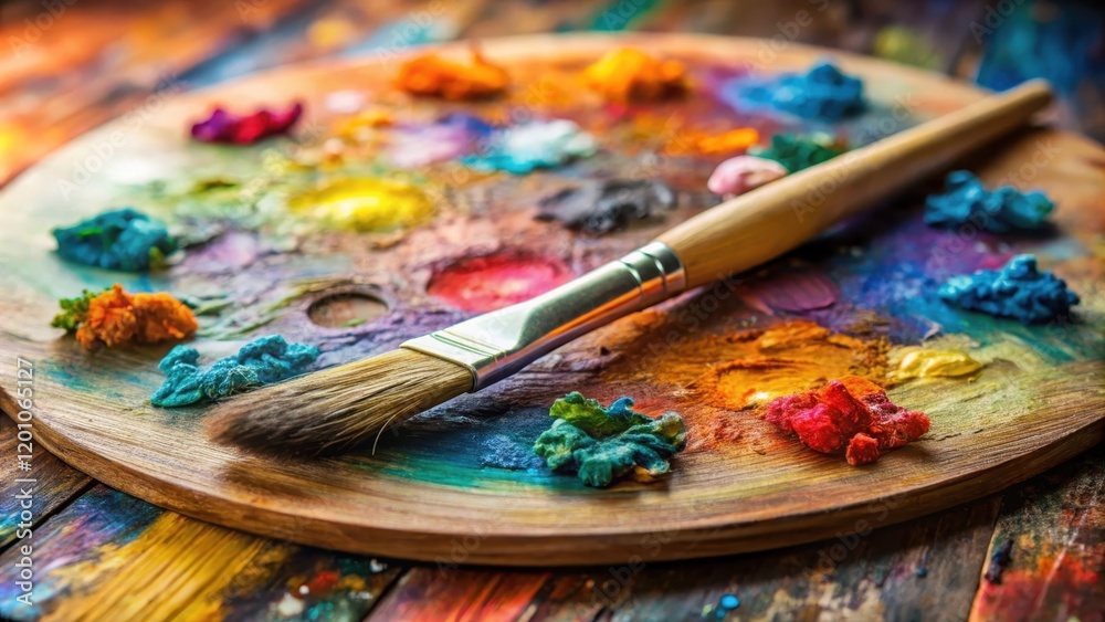 Fototapeta premium Artistic Paintbrush Resting on a Vibrant Palette of Mixed Colors