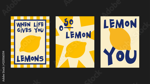 Abstract lemon and fruit posters for the kitchen. Culinary fruit compositions in cartoon trendy style of Matisse. Decor for kitchens, cafes and restaurants. Minimalist banners for wall decor, prints