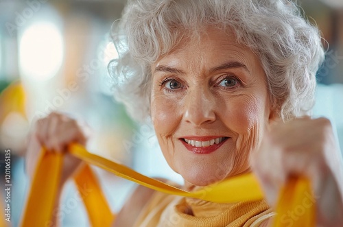 Gym sport fitness exercising training mature concept. An elderly woman smiles while holding yellow resistance bands, exuding positivity and vitality in a fitness setting. photo