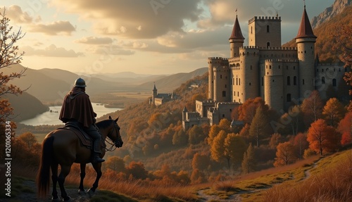 knight on horseback observes a grand castle nestled among rolling hills, surrounded by vibrant autumn foliage