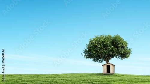 peaceful landscape showcases a robust tree next to a quaint shed on a grassy hill. clear blue sky enhances the serene atmosphere, inviting relaxation and contemplation
