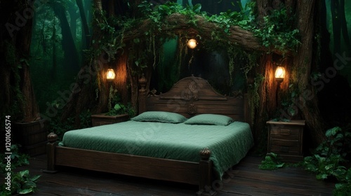 beautifully crafted wooden bed rests amidst thick foliage in a magical forest setting. Soft green bedding complements the enchanting atmosphere, illuminated by glowing lanterns