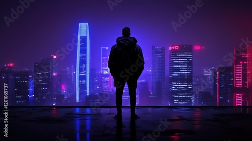 person stands on a rooftop overlooking a modern city skyline illuminated by vibrant neon lights. atmosphere is mystical and filled with energy, capturing the essence of urban nightlife