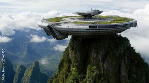 striking futuristic structure sits atop a steep mountain, amidst vibrant greenery and fluffy clouds, creating a unique contrast with the natural landscape below