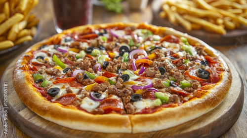 Fresh pizza with mushrooms, hamburger and cheeseburger with fresh vegetables, hot dog, ice cream cone, french fries and soda in striped paper cups. For takeaway or fast food cafe design