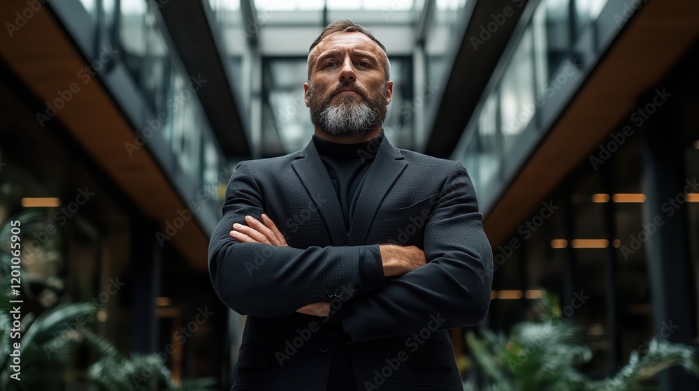 Fototapeta premium A confident entrepreneur standing in the center of a modern office.