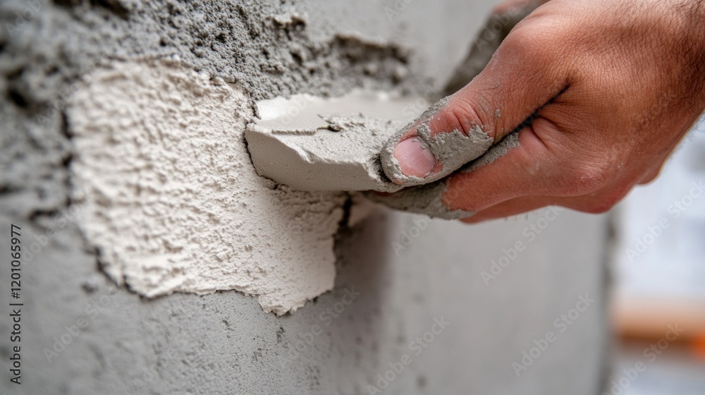 skilled worker applies mortar to a wall using a trowel, focusing on smoothing the surface for a neat finish. effort takes place indoors, highlighting professional masonry techniques skilled worker applies mortar to a wall using a trowel, focusing on smoothing the surface for a neat finish. effort takes place indoors, highlighting professional masonry techniques