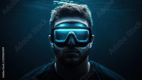 male diver wearing a full face mask is submerged in deep water, showcasing a calm expression while surrounded by dark blue depths, illuminated by light filtering from above