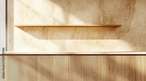 Soft sunlight illuminates a stylish interior featuring a warm-toned wall, a sleek wooden shelf, and elegant paneling that emphasizes simplicity and design aesthetics photo