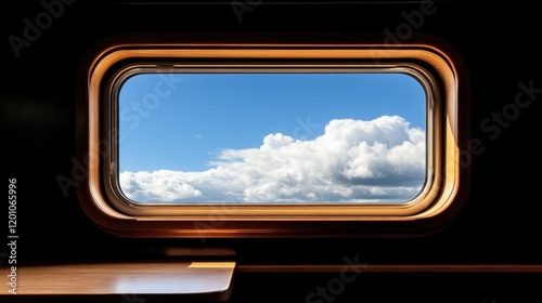 clear blue sky with white, fluffy clouds can be seen through a wooden-framed window. warm wood contrasts with the bright outdoor scenery, creating a cozy atmosphere