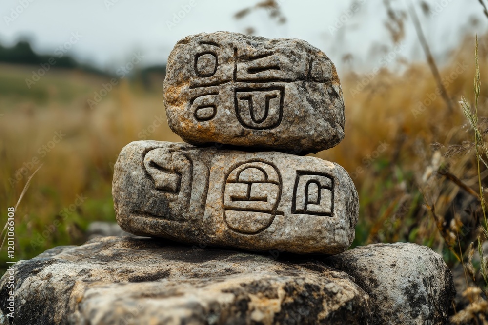Stacked stones with carved symbols in field. Stacked stones with carved symbols in field.