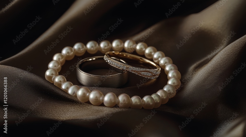 Fototapeta premium 68.Close-up of two intricately designed wedding rings resting on a smooth silk fabric, with a delicate string of pearls elegantly draped around them.