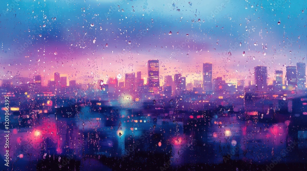 Fototapeta premium Rain Streaked Window City Night Lightscape