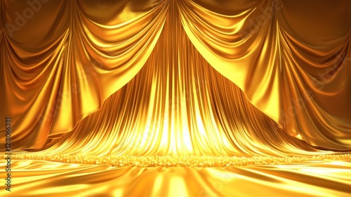 Soft golden fabric drapes elegantly around the area, providing a warm and luxurious backdrop. material shines under soft lighting, enhancing the ambiance for special gatherings