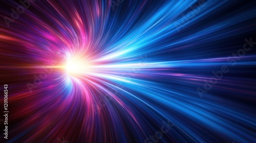 Vivid light trails in shades of blue and purple spiral toward a central bright point, evoking a sense of movement and energy in a cosmic environment filled with radiant colors