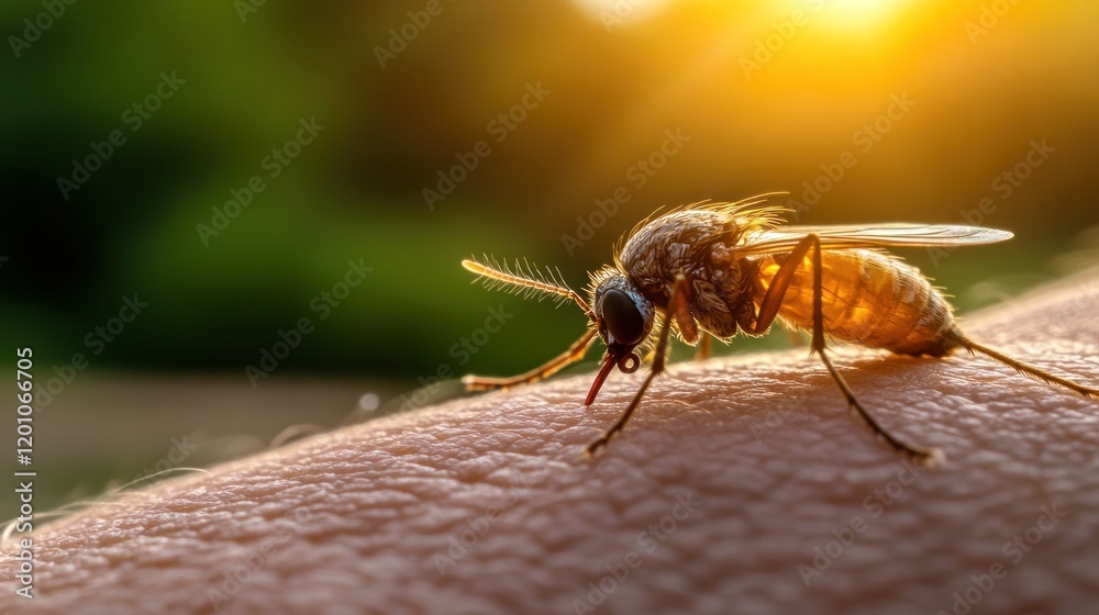 mosquito is shown resting on skin during the golden hour. warm sunlight creates a soft, glowing effect in the background, emphasizing natures beauty alongside the insect mosquito is shown resting on skin during the golden hour. warm sunlight creates a soft, glowing effect in the background, emphasizing natures beauty alongside the insect