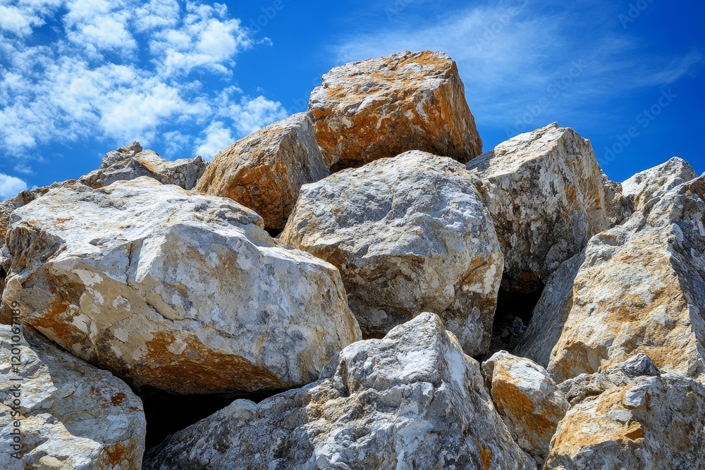 Large rocks stacked under a bright blue sky. Large rocks stacked under a bright blue sky.