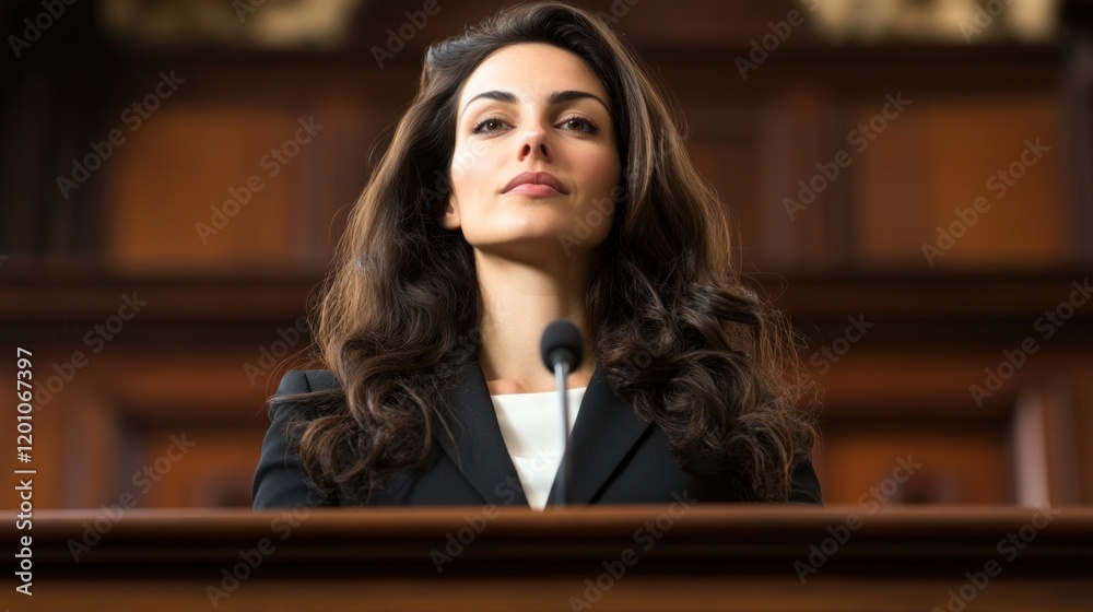 female lawyer stands confidently at a podium in a courtroom, addressing the jury with conviction. ornate wooden backdrop enhances the atmosphere of the high-profile trial taking place female lawyer stands confidently at a podium in a courtroom, addressing the jury with conviction. ornate wooden backdrop enhances the atmosphere of the high-profile trial taking place