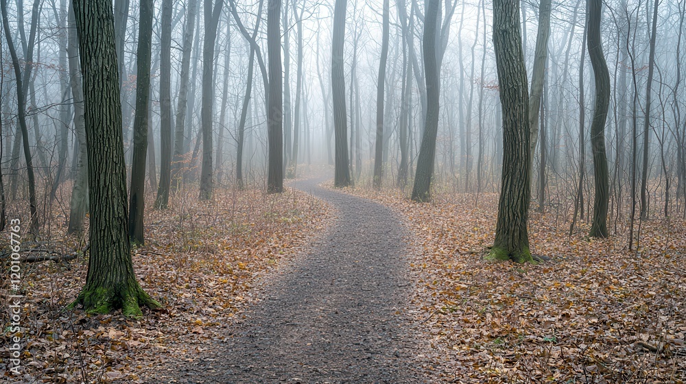 A misty forest path winds through tall trees, with fallen leaves carpeting the ground, creating a serene and mysterious atmosphere. A misty forest path winds through tall trees, with fallen leaves carpeting the ground, creating a serene and mysterious atmosphere.