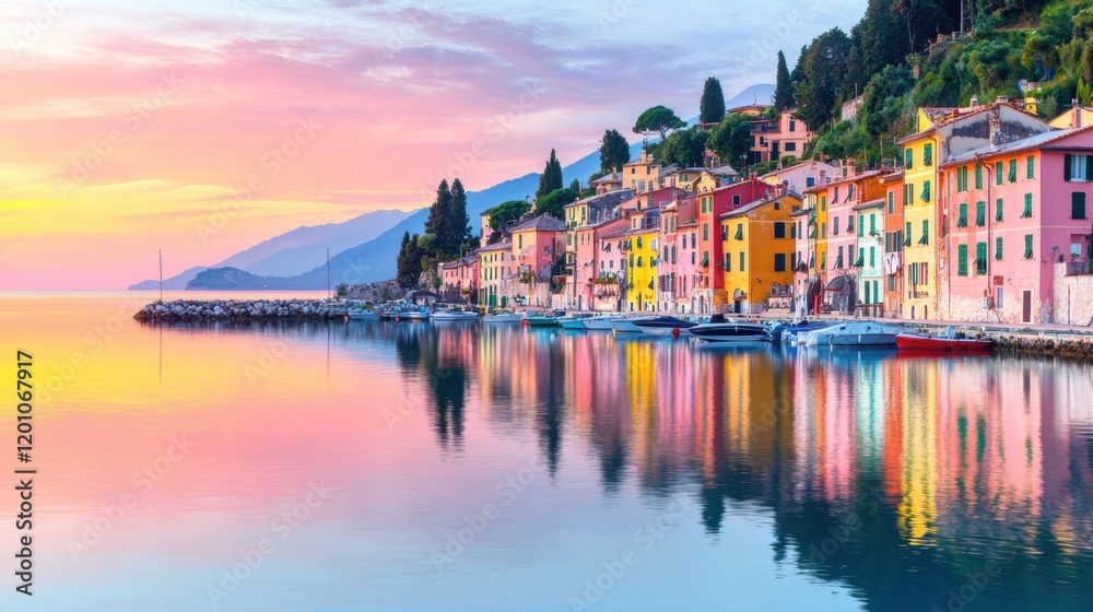 Fototapeta premium Serene Lakeside Village at Sunrise with Colorful Reflections