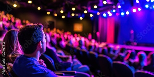 stand up comedian performing on stage at comedy club 