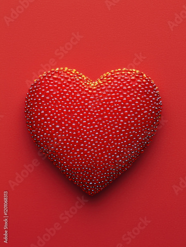 Heart shaped object with water droplets on red background, glowing in red and gold