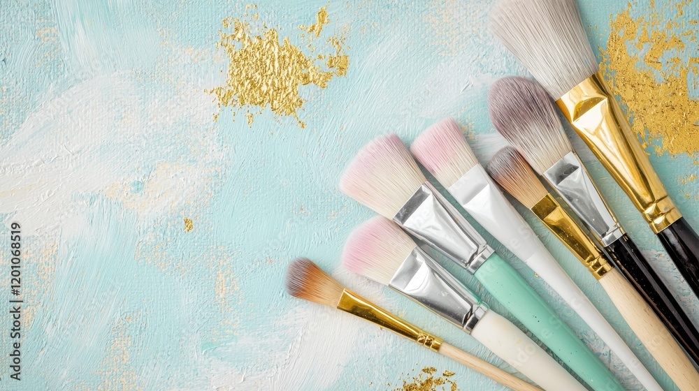Fototapeta premium Colorful Artist Brushes Arranged on Abstract Gold and Blue Canvas
