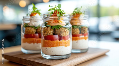 Layered Healthy Salad in Glass Jars on a Wooden Board