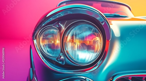 Close up of the head lights of a new car the color of the car is silver metallic isolated on a colorful background photo