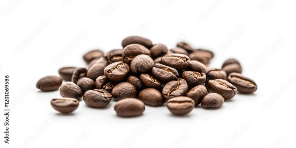 Close-up of assorted roasted coffee beans arranged in a heap on a sleek white background creating an elegant minimalist design with soft focus Close-up of assorted roasted coffee beans arranged in a heap on a sleek white background creating an elegant minimalist design with soft focus