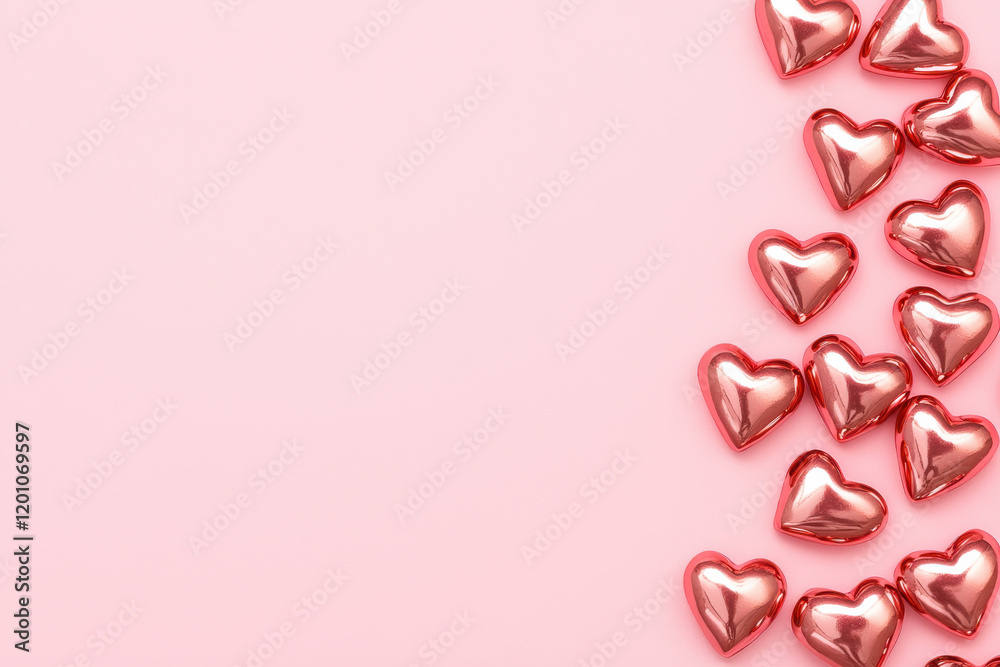 Shiny red heart shapes clustered on pastel pink background, evoking love and romance Shiny red heart shapes clustered on pastel pink background, evoking love and romance