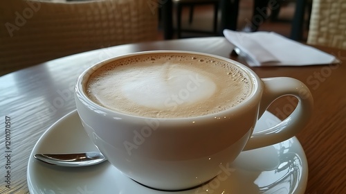 Cup of coffee with milk on the table of a restaurant no one is there daily drink to disconnect photo