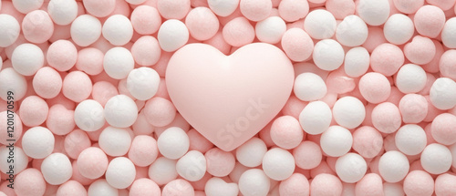 Soft pink heart surrounded by pastel pink and white spheres, creating gentle mood