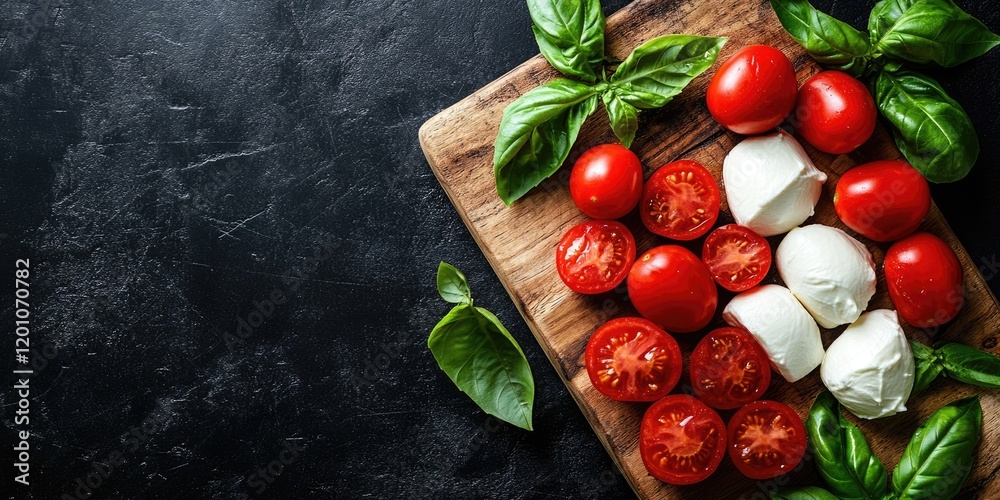 Italian flag design made with mozzarella cheese cherry tomatoes and fresh basil arranged on wooden cutting board with black background and copy space Italian flag design made with mozzarella cheese cherry tomatoes and fresh basil arranged on wooden cutting board with black background and copy space