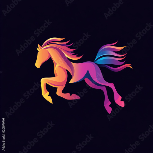 Logo design featuring a horse with a long mane running swiftly, with a colorful gradient color scheme, in a vector illustration style. photo