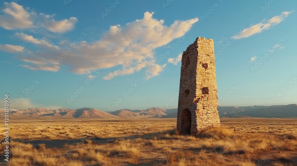 Obraz premium Stone tower stands in dry landscape under sky.