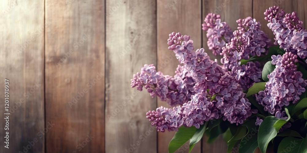 Lilac flower bouquet with purple blooms positioned on the right against a rustic wooden backdrop creating a vintage floral aesthetic Lilac flower bouquet with purple blooms positioned on the right against a rustic wooden backdrop creating a vintage floral aesthetic